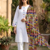 Crisp White   Neckline,Sleeves And Farshi Shalwar Bottom With ZigZag Multi Printed Dupatta 3Pcs