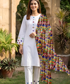 Crisp White   Neckline,Sleeves And Farshi Shalwar Bottom With ZigZag Multi Printed Dupatta 3Pcs