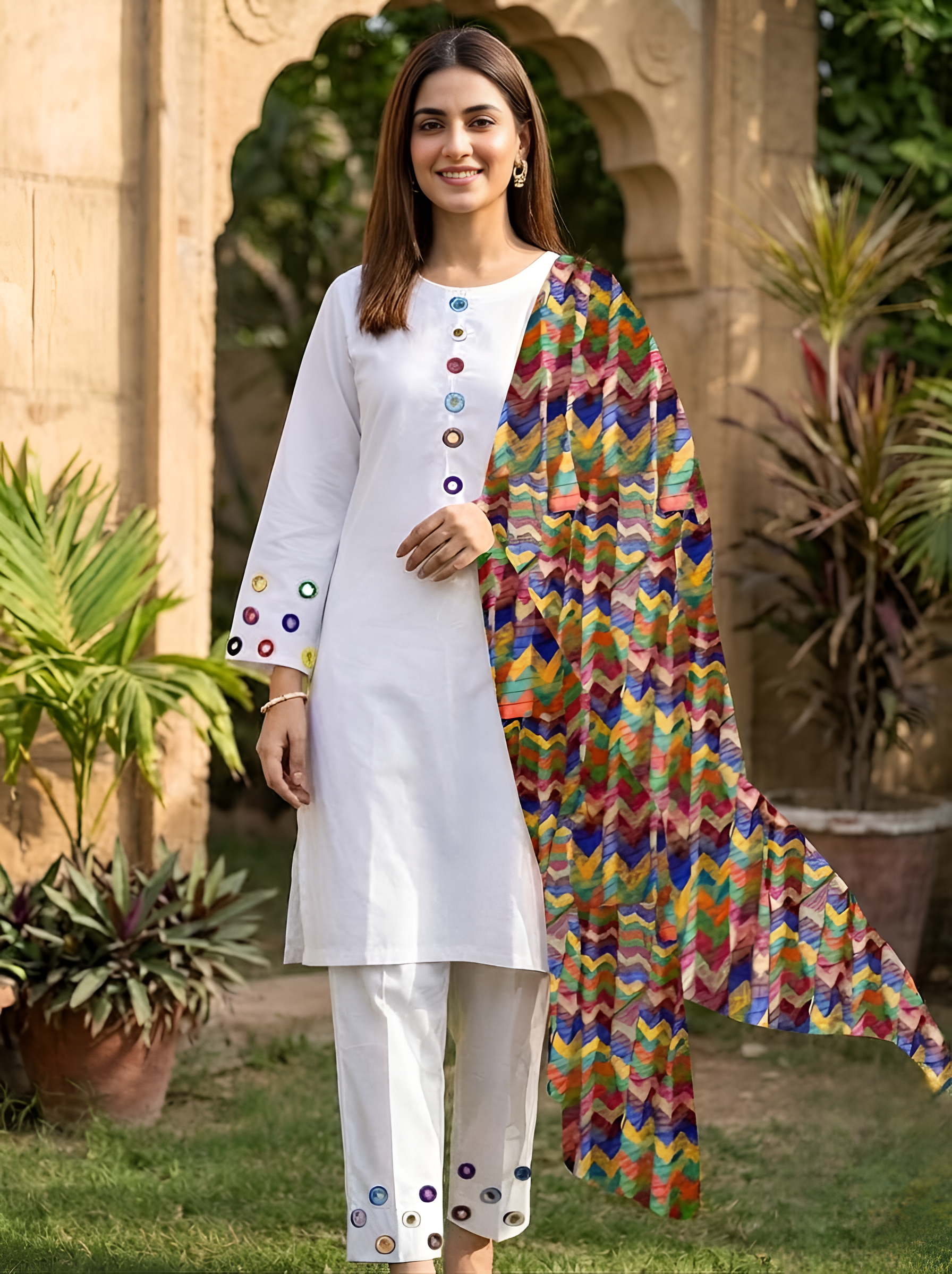 Crisp White Neckline,Sleeves And Farshi Shalwar Bottom With ZigZag Multi Printed Dupatta 3Pcs