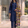 Deep Navy  Neckline,Sleeves And Farshi Shalwar Bottom With ZigZag Multi Printed Dupatta 3Pcs