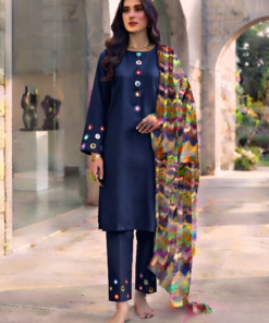 Deep Navy  Neckline,Sleeves And Farshi Shalwar Bottom With ZigZag Multi Printed Dupatta 3Pcs
