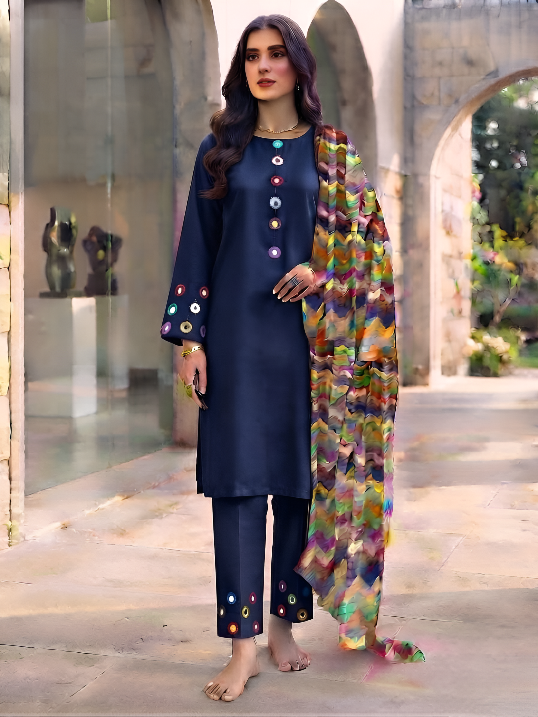 Deep Navy Neckline,Sleeves And Farshi Shalwar Bottom With ZigZag Multi Printed Dupatta 3Pcs