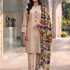 Desert Sand Neckline,Sleeves And Farshi Shalwar Bottom With ZigZag Multi Printed Dupatta 3Pcs.