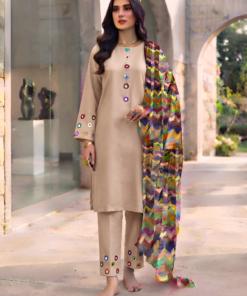 Desert Sand Neckline,Sleeves And Farshi Shalwar Bottom With ZigZag Multi Printed Dupatta 3Pcs.