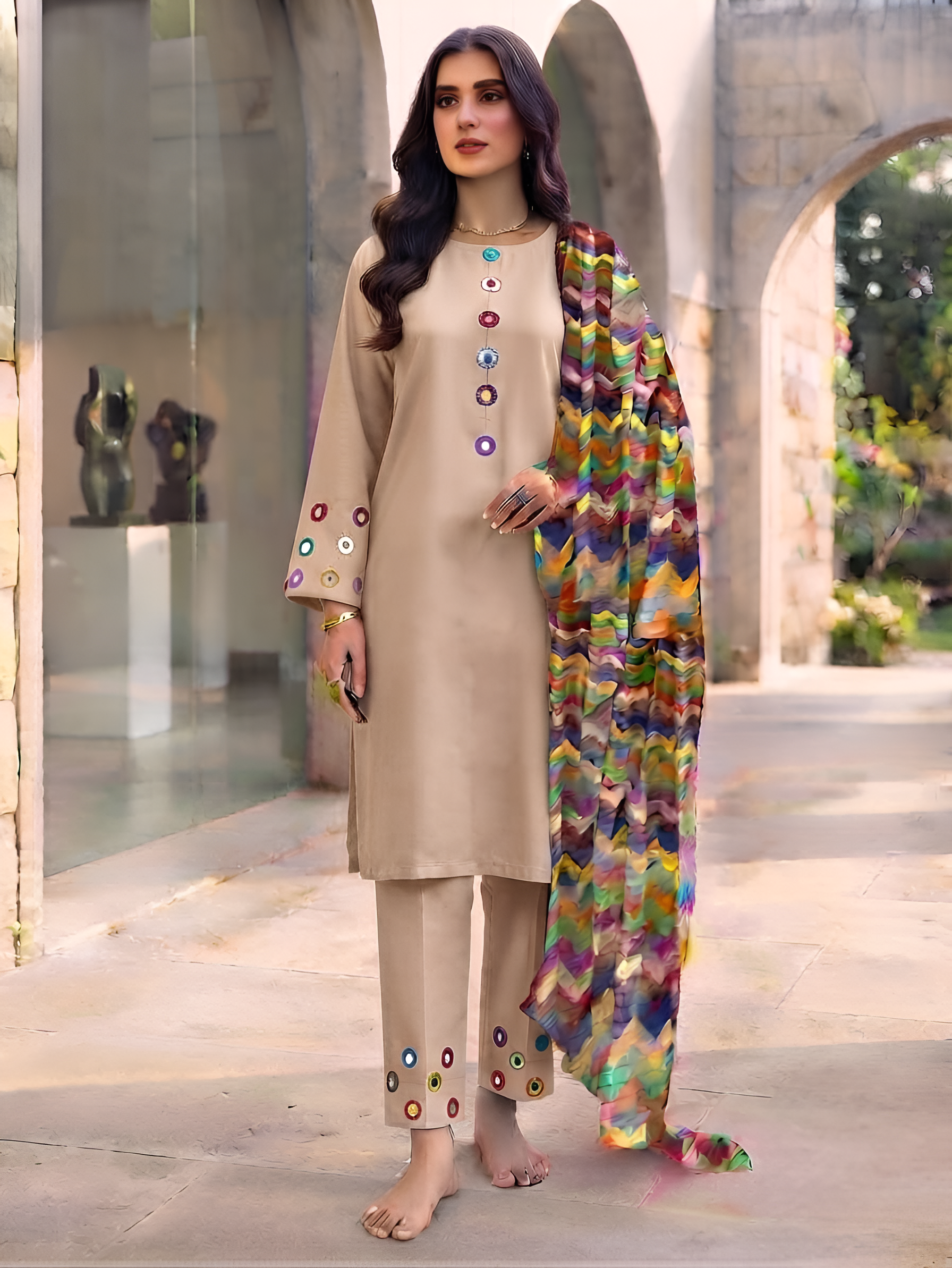 Desert Sand Neckline,Sleeves And Farshi Shalwar Bottom With ZigZag Multi Printed Dupatta 3Pcs.