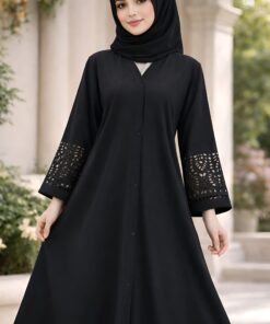 Jet Black Front-Button Gown with Geometric Laser-Cut Sleeves Abaya