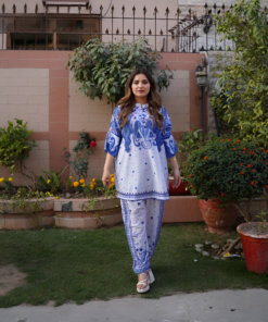 Royal Blue & Crisp White Flapper With Border Lace 2PC Co-ord Set .