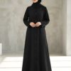 V Neck  Black  A-Line Gown Front Open Abaya with Titch Buttons 