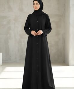V Neck  Black  A-Line Gown Front Open Abaya with Titch Buttons 