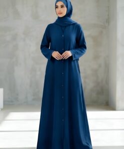 V Neck  Blue Minimalist A-Line Gown Front Open Abaya with Titch Buttons 