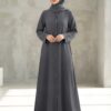 V Neck Dark Grey  A-Line Gown Front Open Abaya with Titch Buttons 