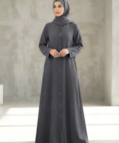 V Neck Dark Grey  A-Line Gown Front Open Abaya with Titch Buttons 