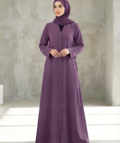 V Neck  Purple A-Line Gown Front Open Abaya with Titch Buttons 
