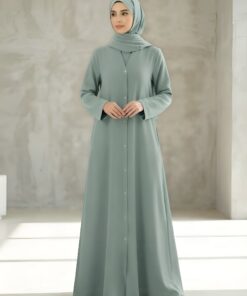 V Neck  Soft Seafoam Front Open Abaya with Titch Buttons 