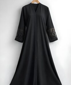 Alternative view of Jet Black Front-Button Gown with Geometric Laser-Cut Sleeves Abaya