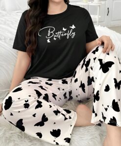 Black Butterfly Printed Pajama Set