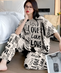 Black & Cream LOVE Script Graphic Print Pajama Set.png