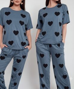 Blue All-Over Heart Printed Pajama Co-ord