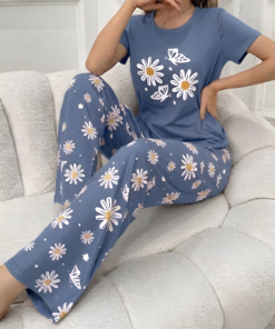 Blue Daisy & Butterfly Print Pajama Co-ord