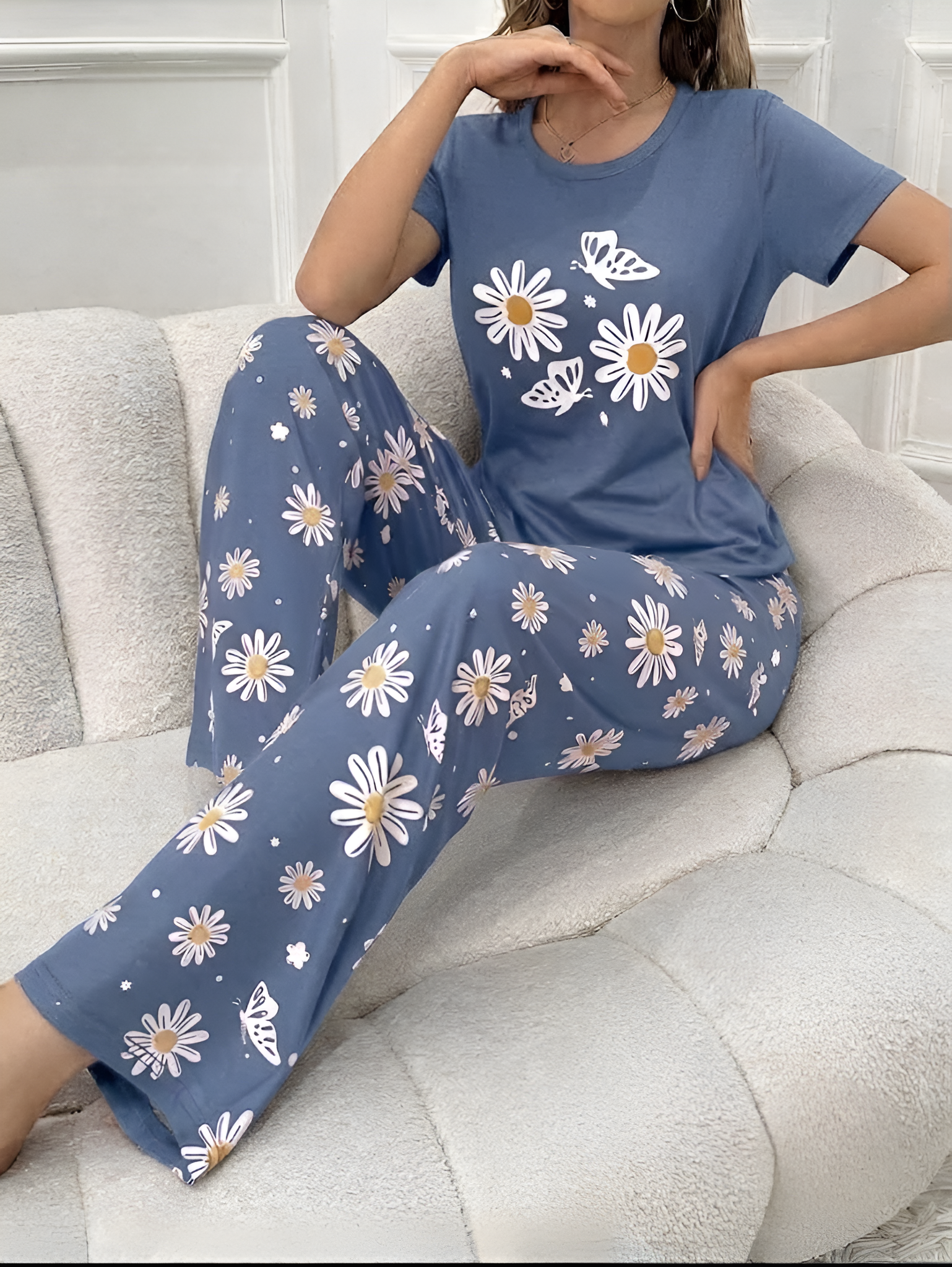 Blue Daisy & Butterfly Print Pajama Co-ord