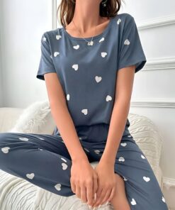 Blue T-Shirt & White Heart Print Pajama Co-ord