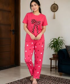 Bright Pink T-Shirt & Maroon Polka Dot Pajama Co-ord