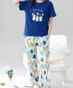 Bunny Blue  T-Shirt & Off-White Floral Pajama Co-ord-