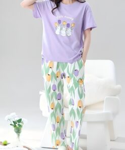Bunny & Tulip Purple Graphic T-Shirt & Off-White Floral Pajama Co-ordr