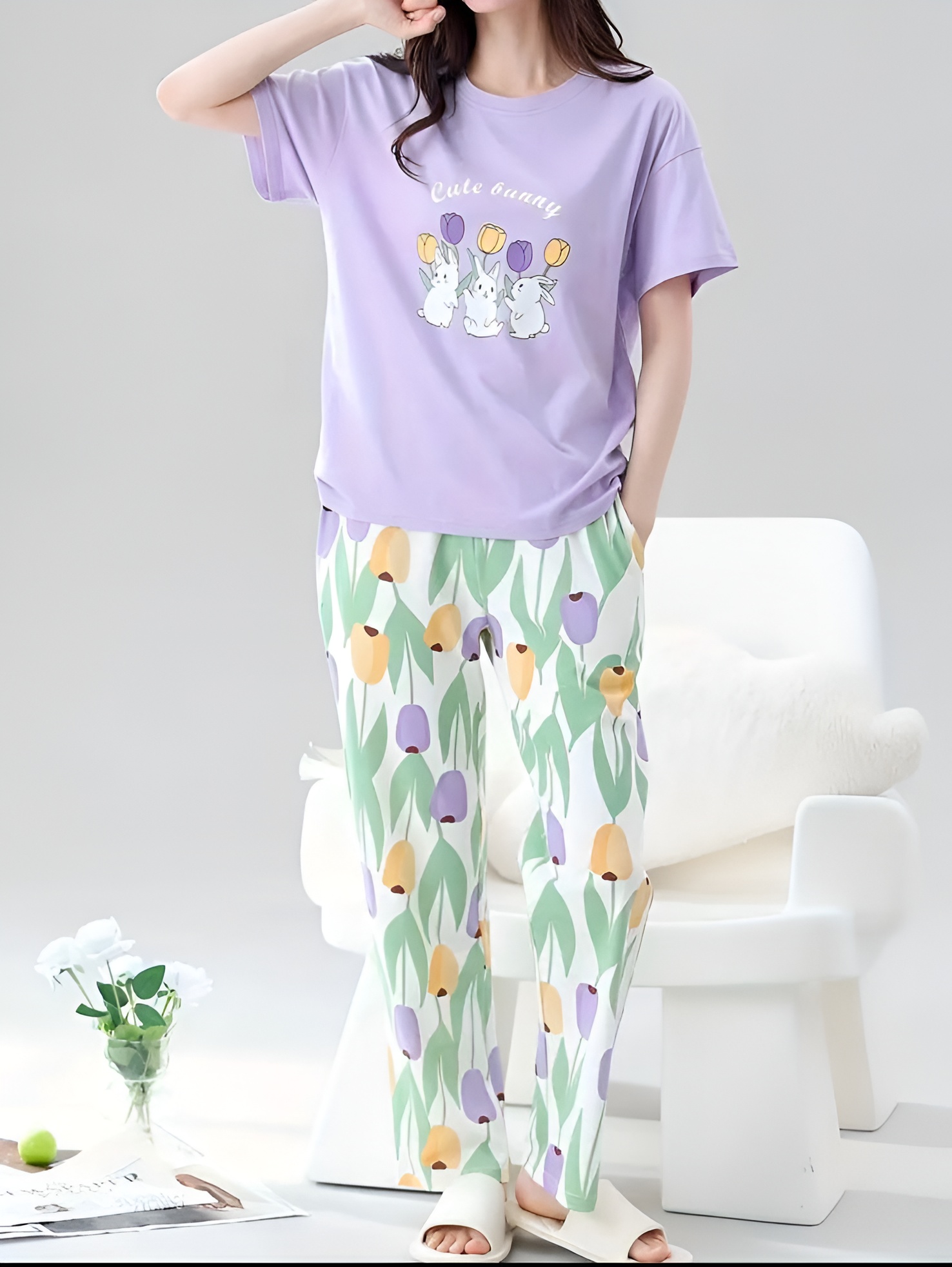 Bunny & Tulip Purple Graphic T-Shirt & Off-White Floral Pajama Co-ordr