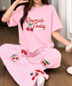 Cherish Today Graphic Tee & Cherry Print Plaid Pajama Co-ord