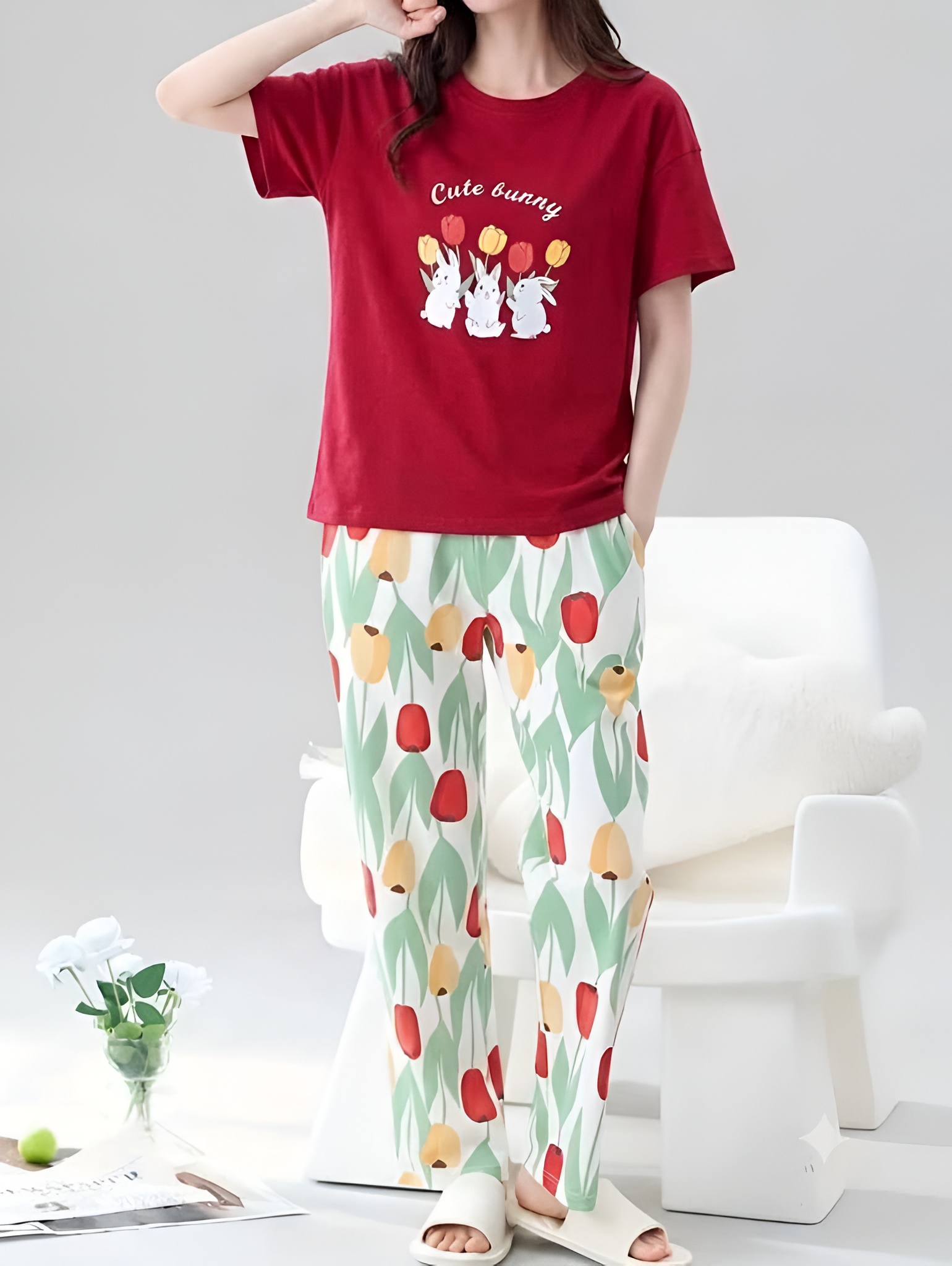 Crimson Bunny Dark Red T-Shirt & Off-White Floral Pajama Co-ord