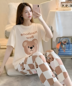 Handsome Bear Cream Printed Pajama Set