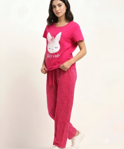 Hot Pink Short Sleeve  Bunny Graphic Pajama Set
