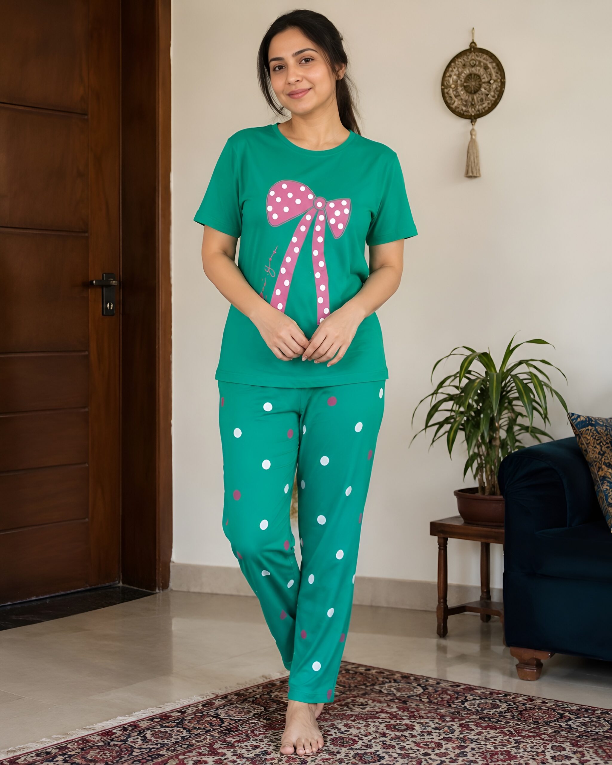 Jade Green T-Shirt & Pink Polka Dot Pajama Co-ord