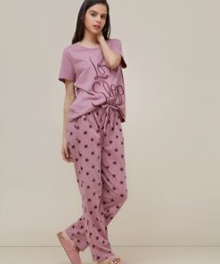 Mauve Pink Love Sleep Script Tee & Star Print Pajama Co-ord