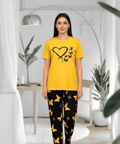 Mustard Yellow Butterfly Heart Print Pajama Co-ord