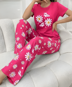 Pink  Fuchsia Daisy & Butterfly Print Pajama Co-ord
