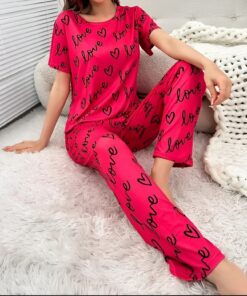 Pink Love & Hearts Printed Pajama Co-ord