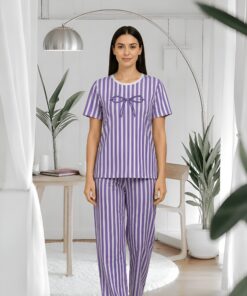 Purple & White Vertical Striped Pajama Co-ord