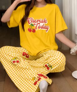 Sunny Yellow Cherry & Gingham Graphic Tee & Printed Pajama Set