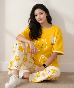Yellow T-Shirt & Off-White Bear Print Pajama Set