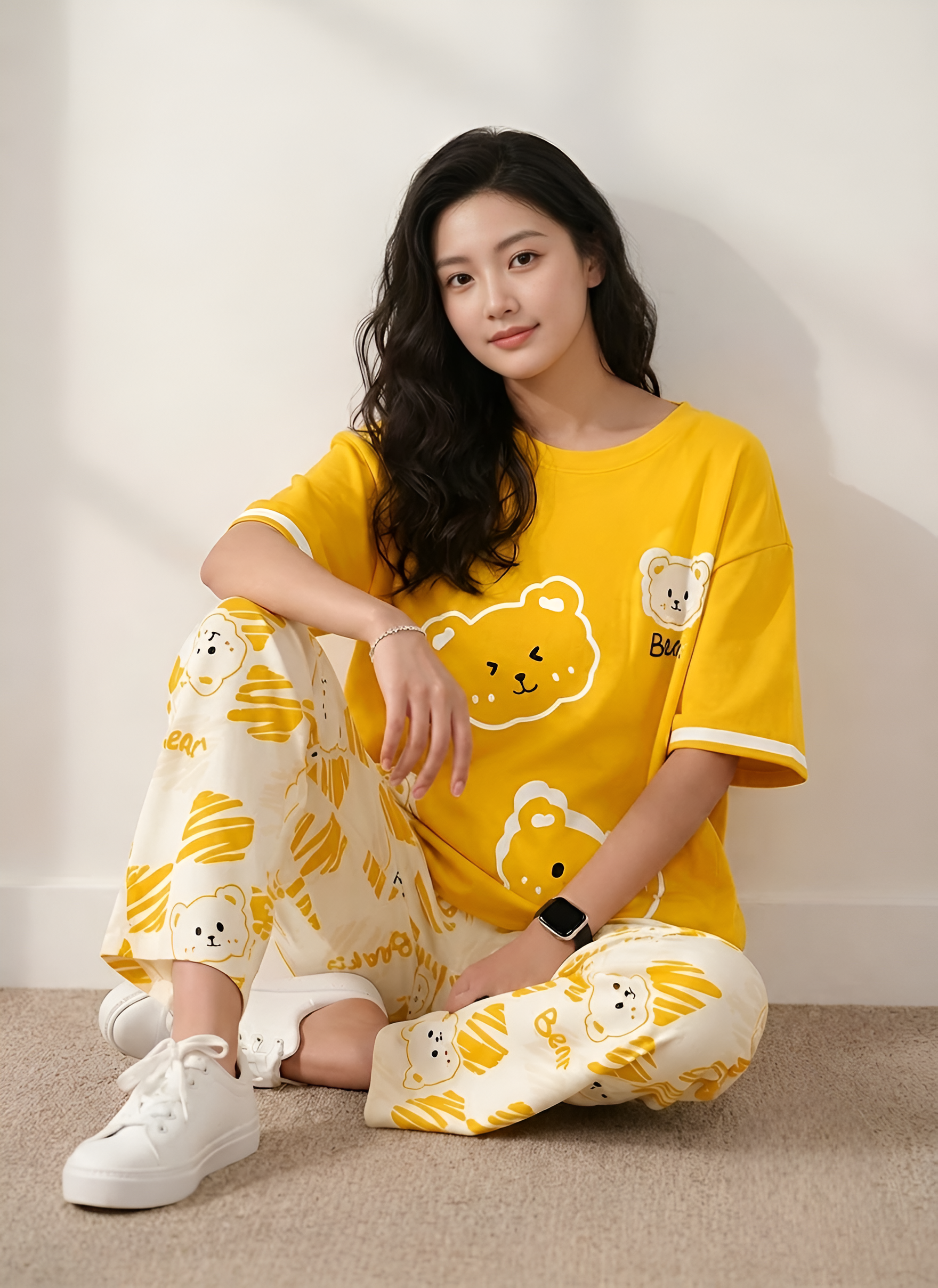 Yellow T-Shirt & Off-White Bear Print Pajama Set