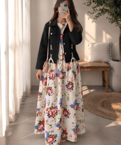 Black Lace-Up Jacket & Cream Floral Maxi Dress Two-Piece Set