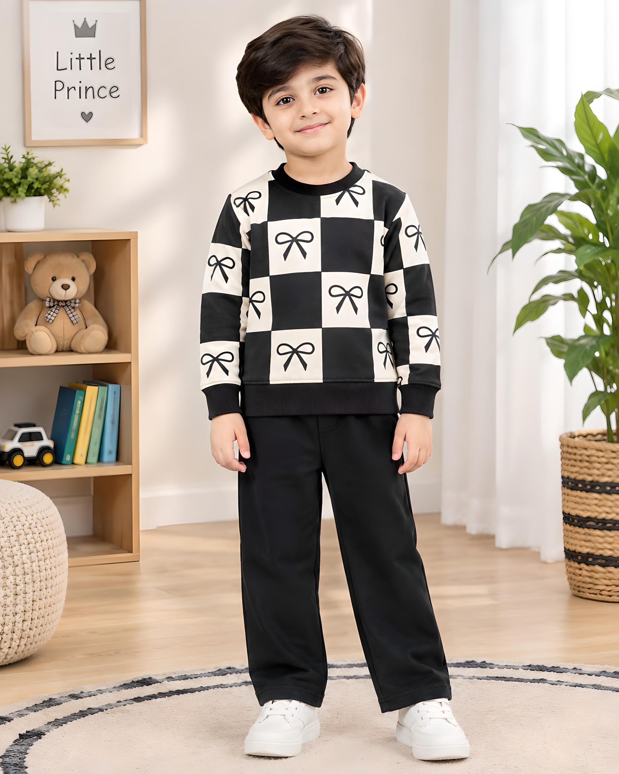 Black & White Bow Print 2-Piece Casual Winter Set