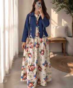 Blue Lace-Up Jacket & Cream Floral Maxi Dress Two-Piece Set