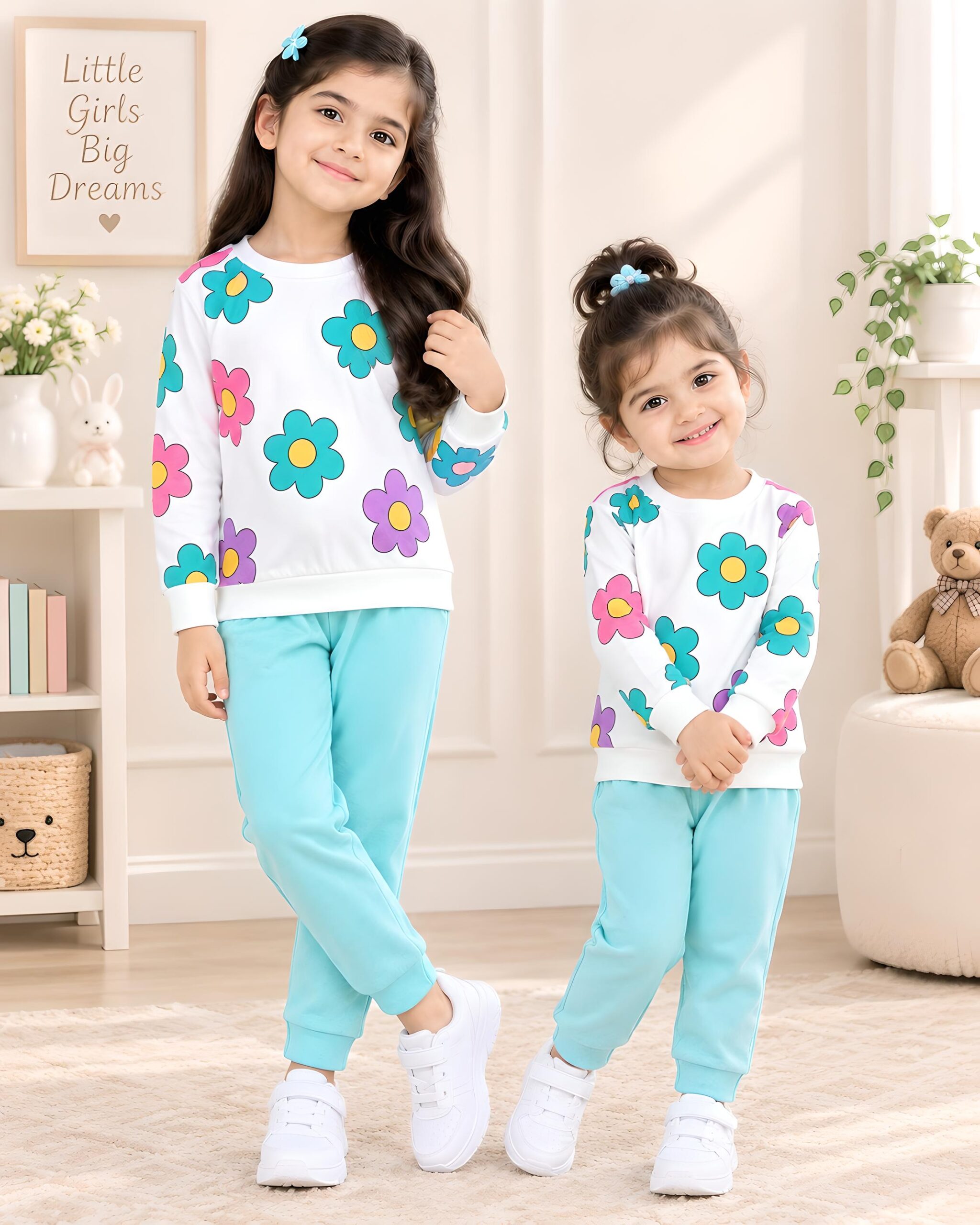 Charming Sky Blue & White Floral 2-Piece Winter Casual Set