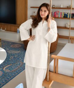 Cream Plain Shirt With Round Border With Flapper 2 peace Cord Set