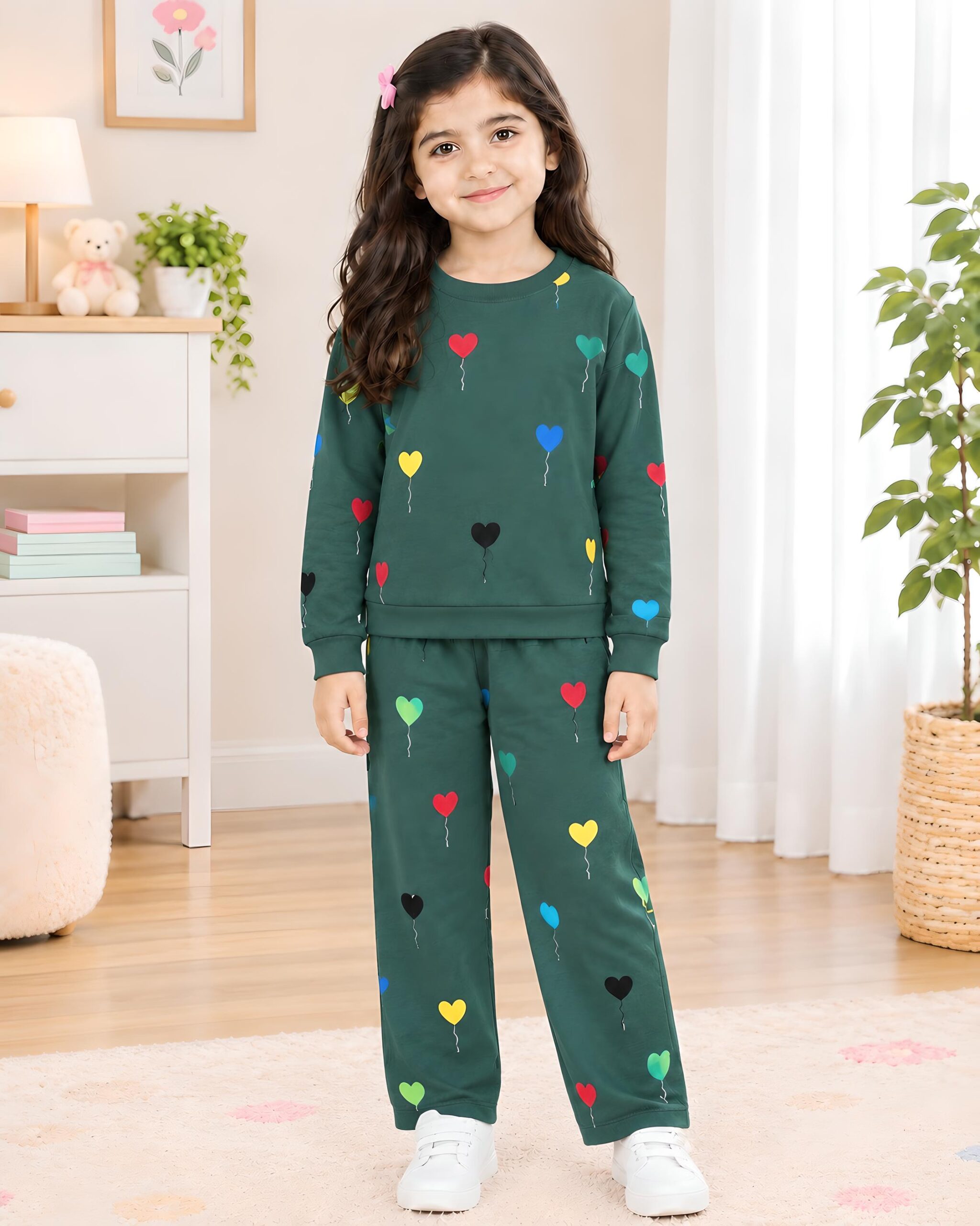 Cute Emerald Green Heart Balloon Print 2-Piece Winter Casual Set