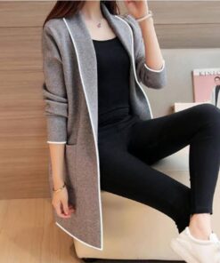 Grey Lapel Front Open Sweater Cardigan Dual Pockets