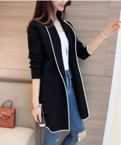 Black Lapel Front Open Sweater Cardigan Dual Pockets